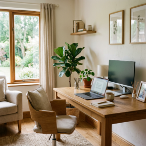 Sunlit home office with desk, laptop, monitor, plants, and armchair