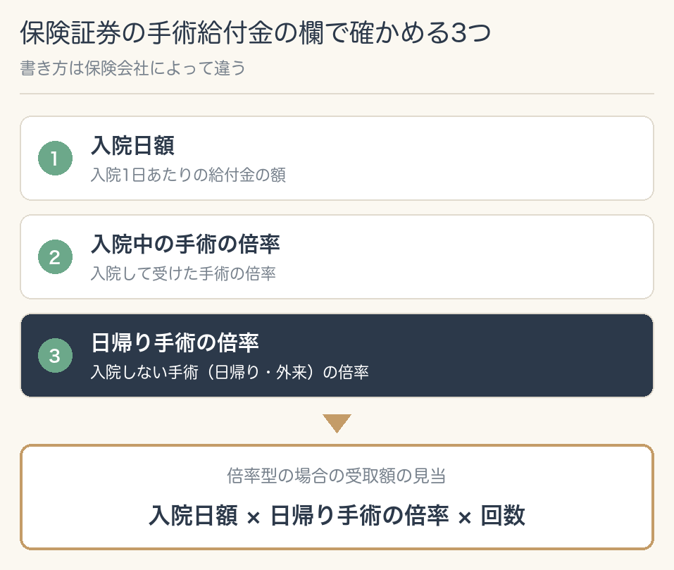 保険証券の手術給付金の欄で確かめる3つ(入院日額・入院中の手術の倍率・日帰り手術の倍率)と、倍率型の場合の受取額の見当=入院日額×日帰り手術の倍率×回数